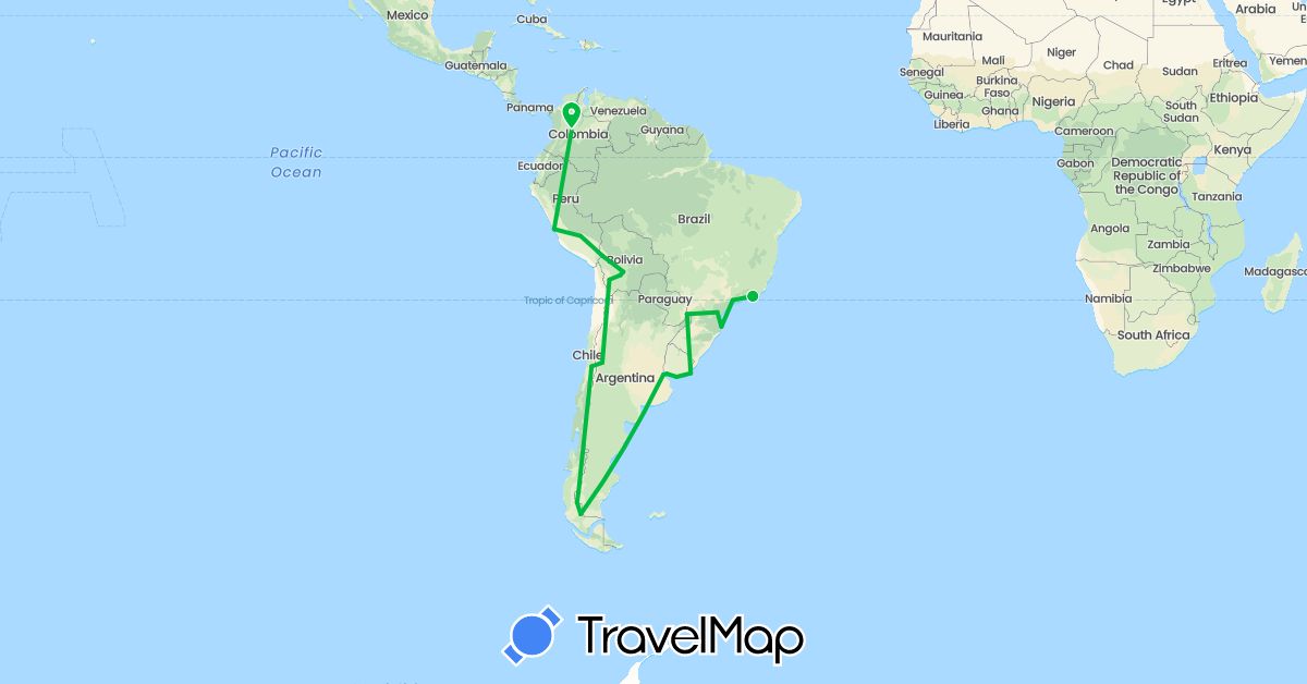 TravelMap itinerary: bus in Argentina, Bolivia, Brazil, Chile, Colombia, Peru, Uruguay (South America)